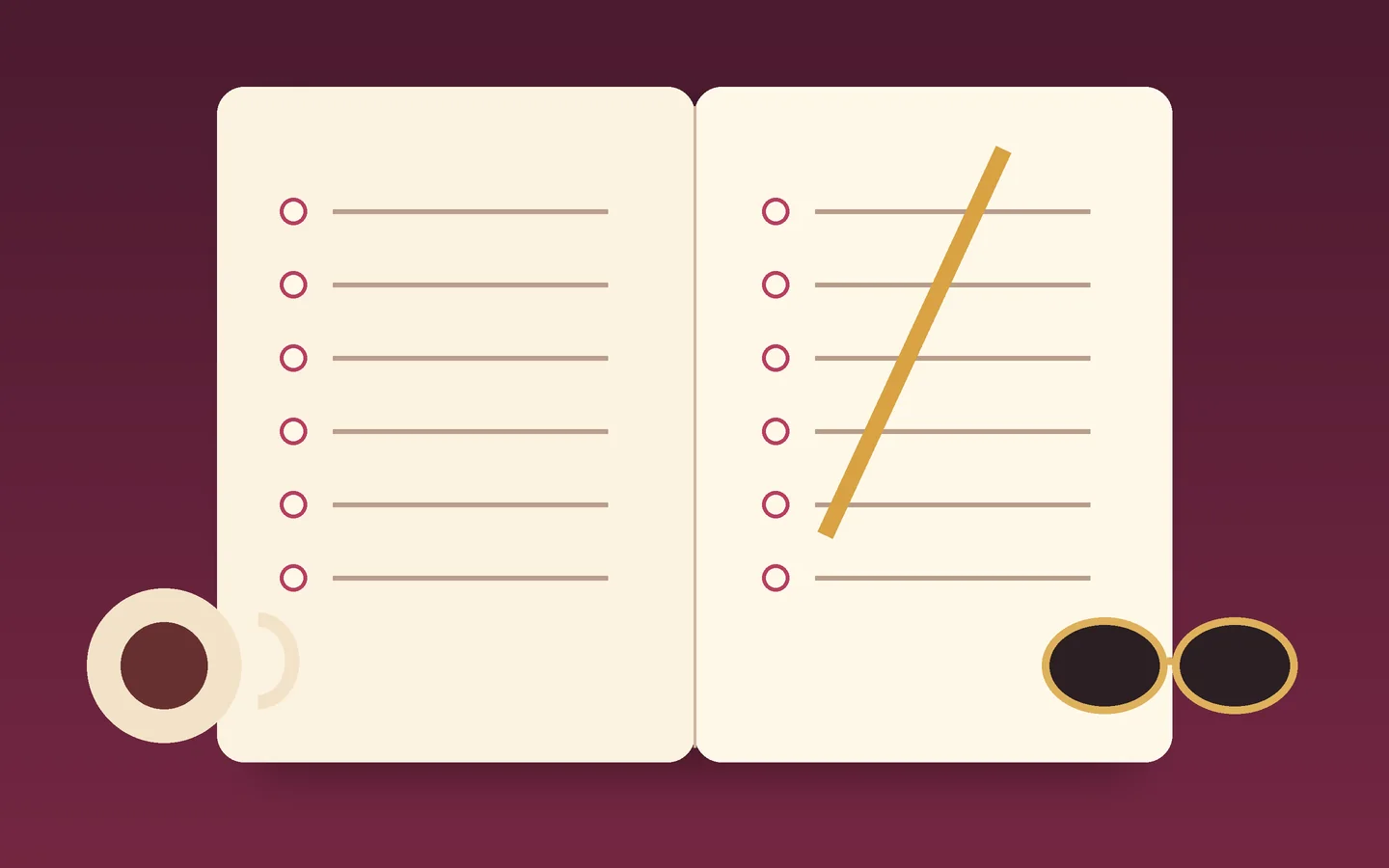 Open notebook, pen and reading glasses arranged as a practical buying checklist